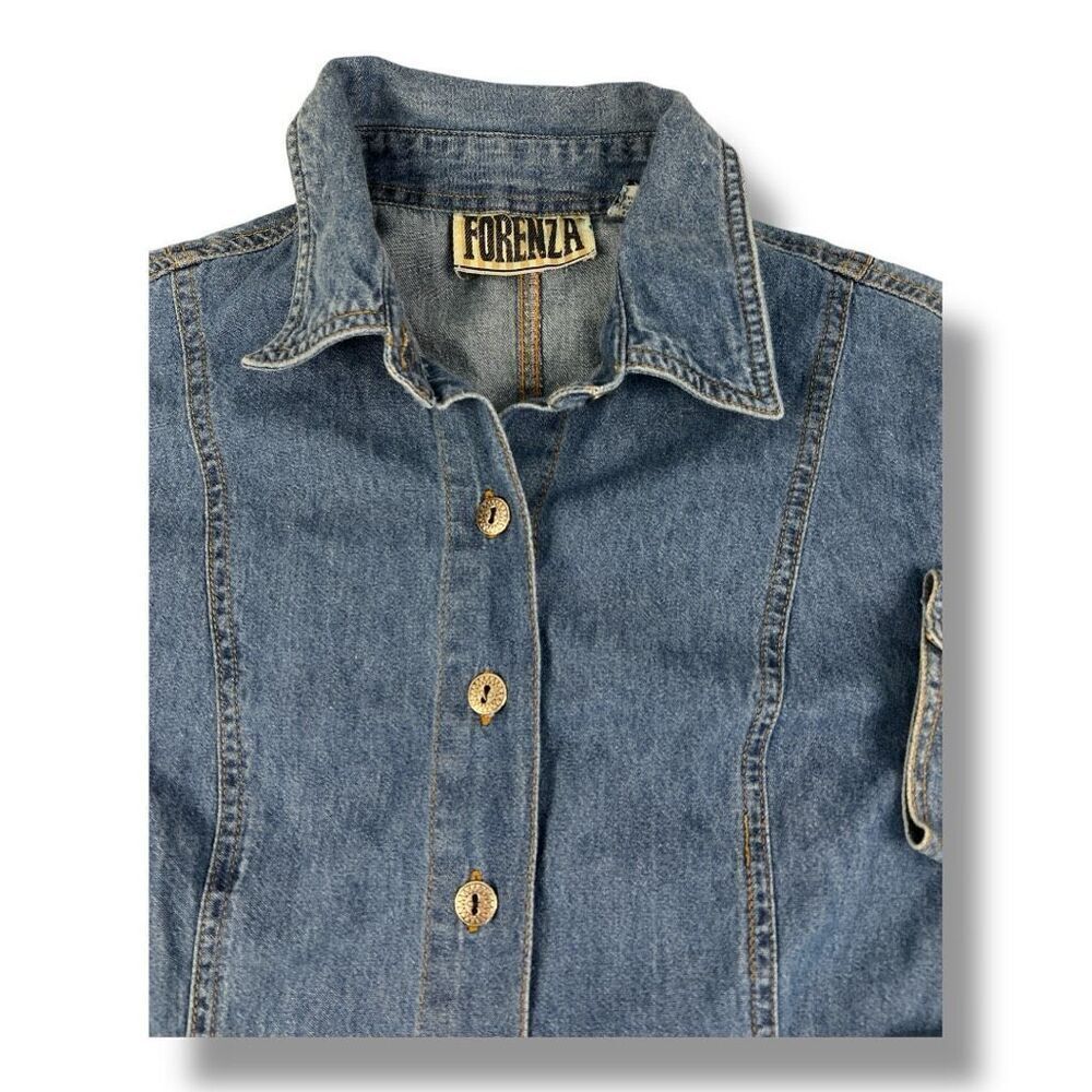 Vintage Forenza Denim Jean Tie Dress 100% Cotton Full Button Front Size 10 - Picture 5 of 6
